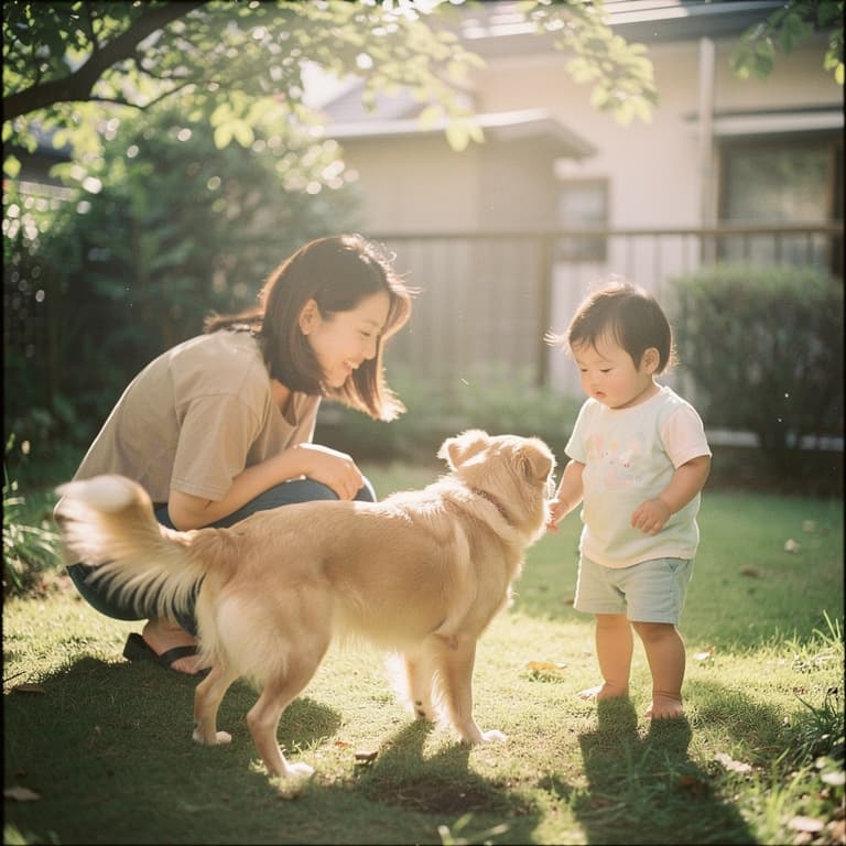 昼下がりの庭で犬と遊ぶ親子のフィルム写真