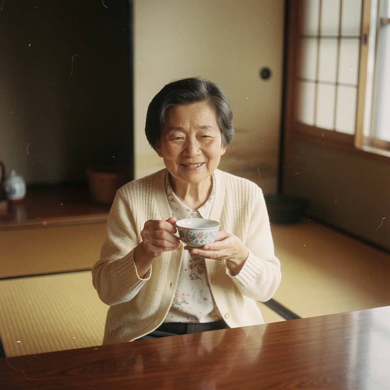 茶を飲む老婦人の1985年風セピア写真