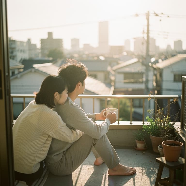 夕焼けの街並みを眺めるカップルの後ろ姿